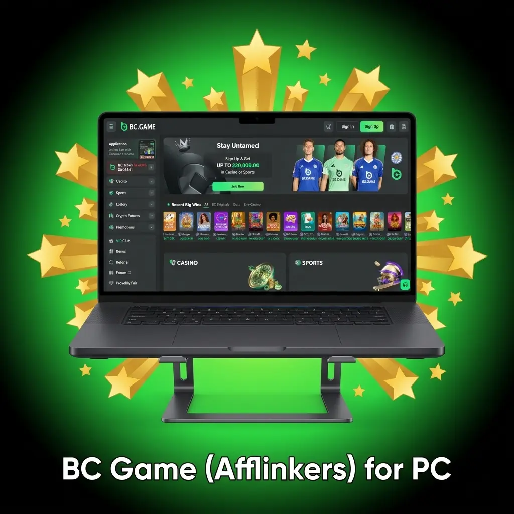 BC Game Afflinkers on PC via web browser showing casino games, sportsbook, and account login on desktop